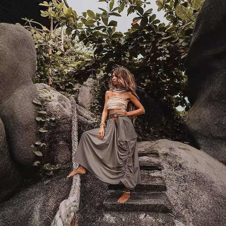 New European American Women's Casual Half With Drawstring And Large Pockets, Bohemian Loose Organic Cotton Long Skirt