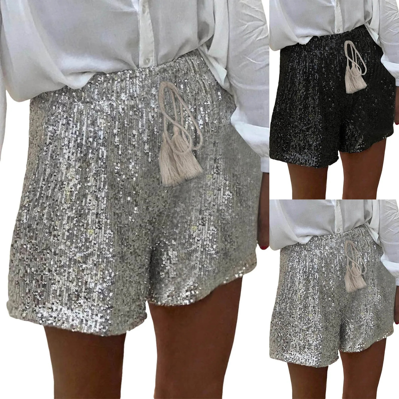 Women Sequin Shorts Summer High Waist Casual Loose A Line Women Short Pants Sparkly Clubwear Night Wear Female Shorts 241211