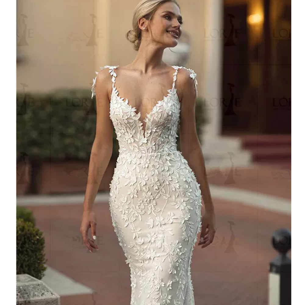Exquisite Lace Mermaid Wedding Dresses vestido de novia Spaghetii Strap Bridal Gowns Appliqued LaceWedding Gowns Customizd Robe de Mariee
