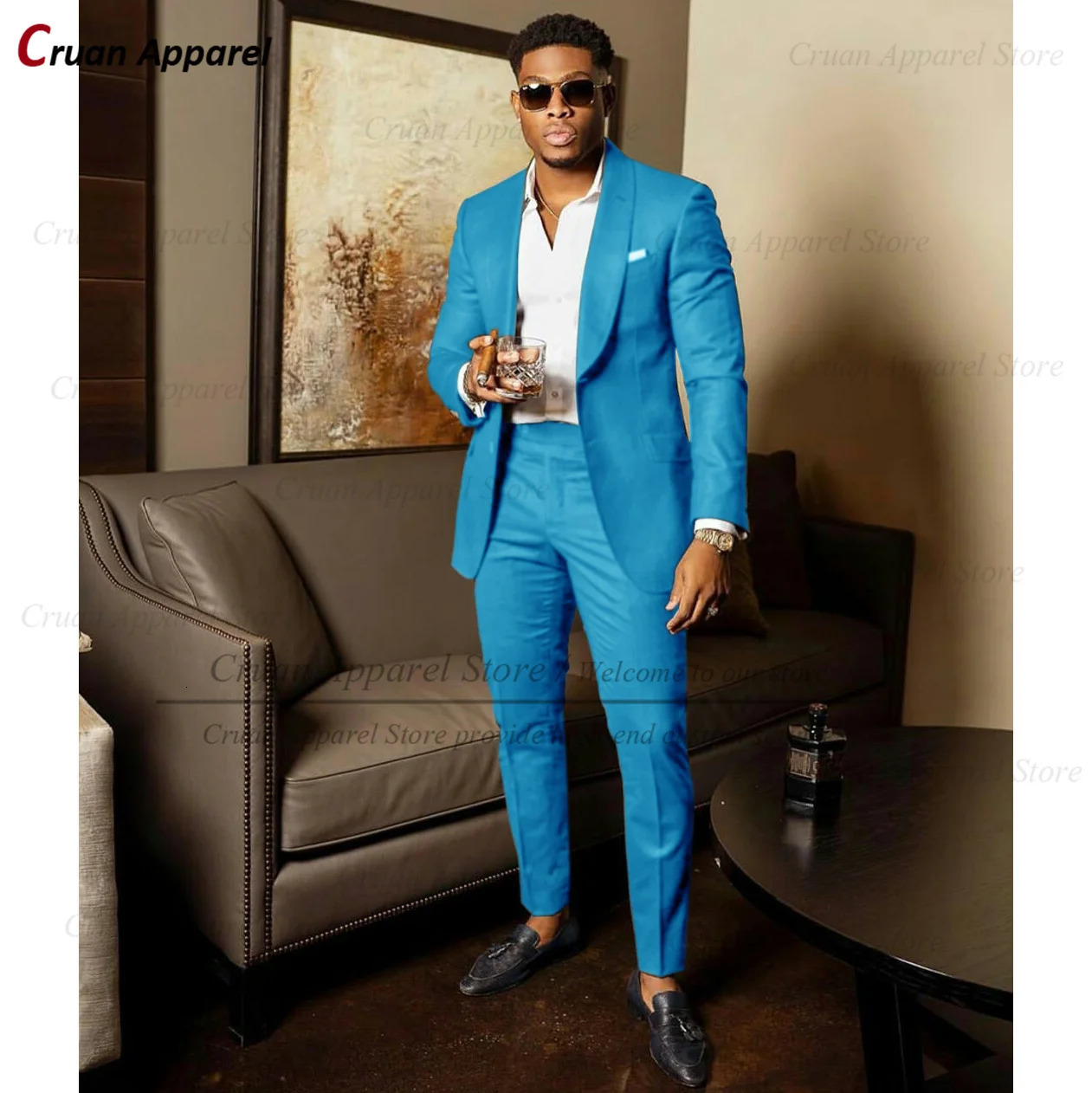 Blue Shawl Lapel Suit Male 2 Pieces Tailored Groom Wedding Suits Tuxedo Man Blazer Pants Trendy Fashion Marriage Costume 241211