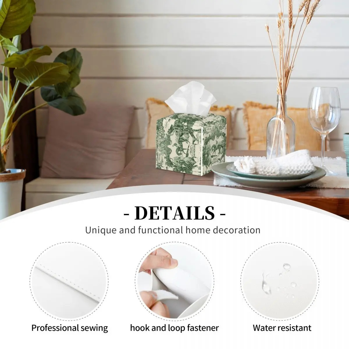 Customized retro French Toile de Jouy tissue box cover PU leather square traditional French art facial tissue holder 241211