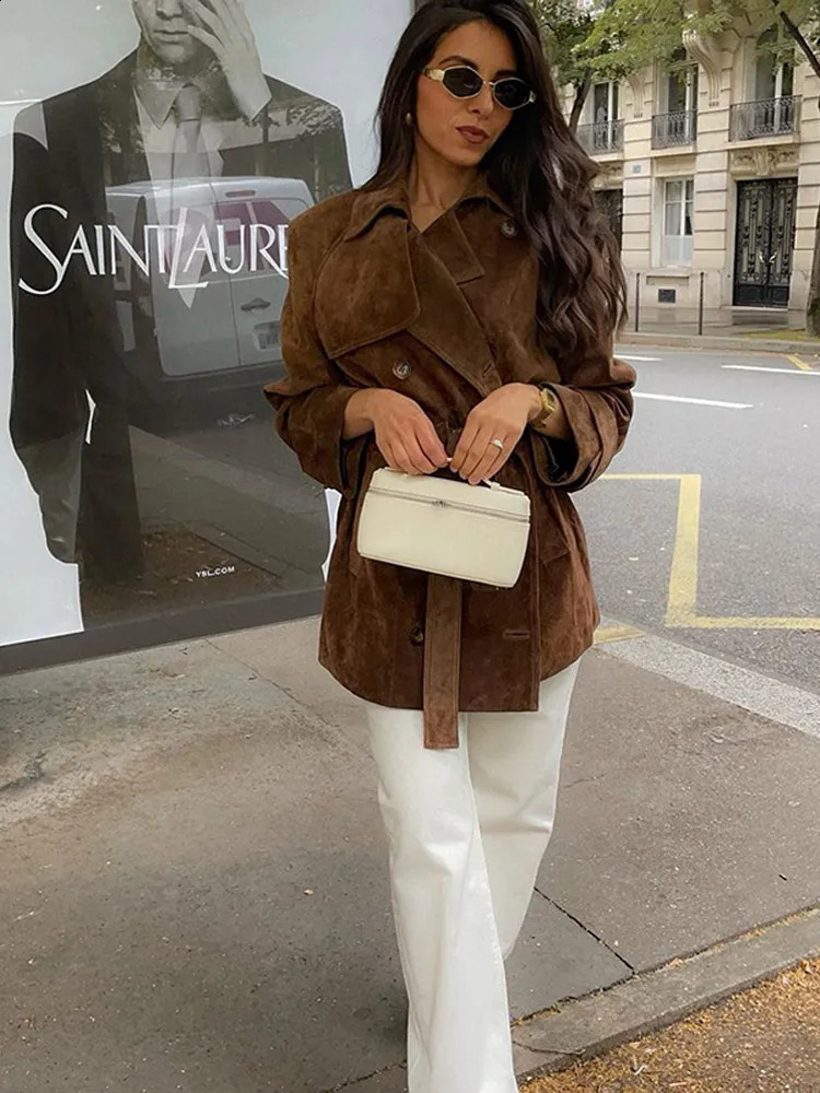 Vintage Belt Suede Cropped Womens Trench Coat Full Sleeve Double Breasted Windbreaker Jackets 2024 Commute Loose Overcoats 241205