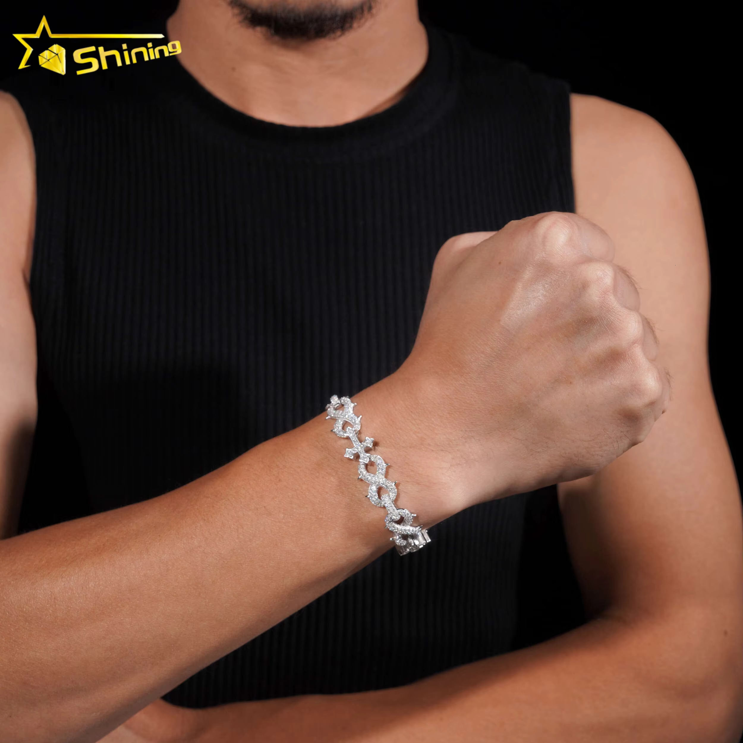 Factory 15mm Width Hip Hop Jewelry Real Silver 925 Gold Plated Vvs Lab Diamond Moissanite Infinity Cuban Link Chain Bracelet