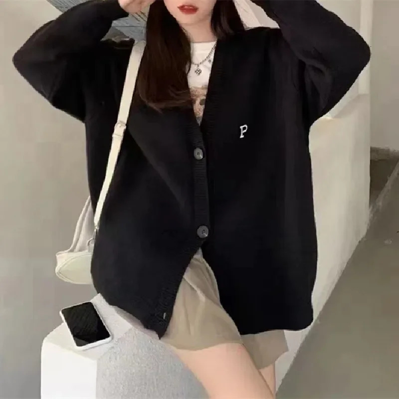 Vintage LooseFit Long Sleeve Knitted Cardigan Embroidered Letter Dongdaemun Style Sweater Jacket For Women 241211