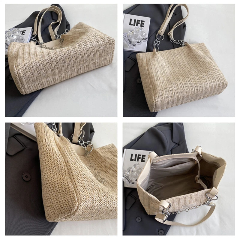 Rattan Womens Handbag Beach Bag Handmade Knitted Straw Bag Large Capacity Handbag Leather Bohemian Summer 241205
