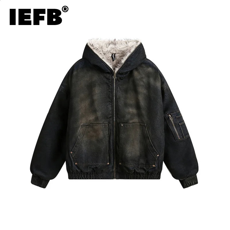 IEFB fashion mens apron jacket denim wool hooded wear zipper splicing work loose winter mens clothing fashion CPG2406 241210