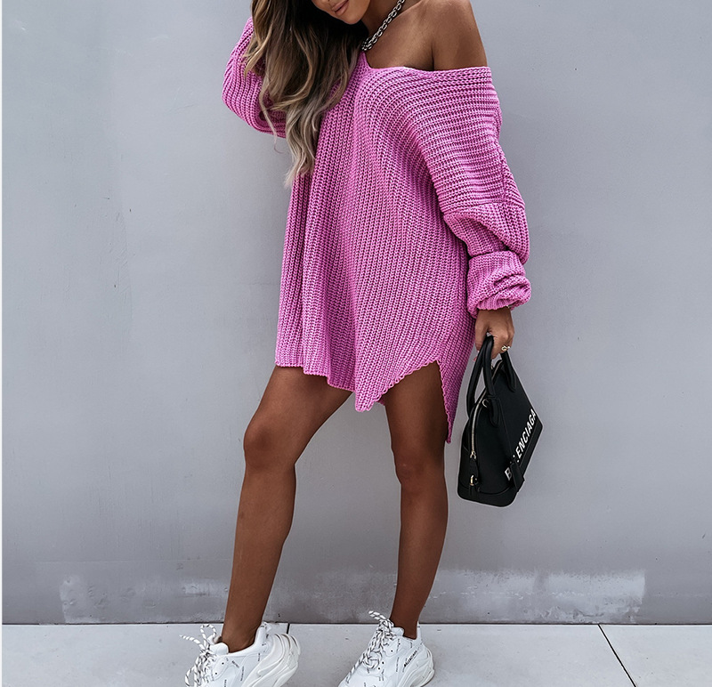 Casual Dresses Solid Color Loose Knit Sweater Autumn And Winter New Style Pullover V-Neck Sweater For Women