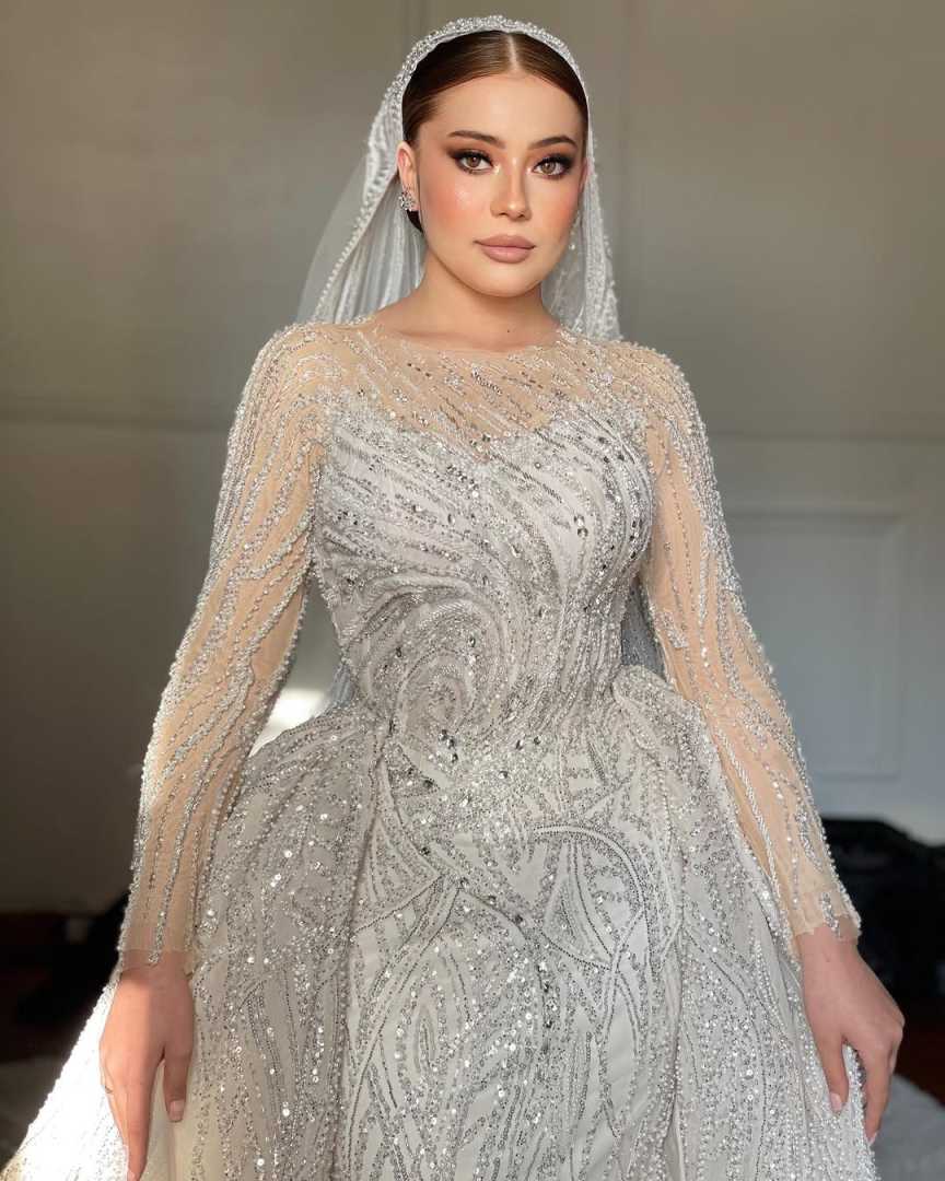Mermaid Dresses For Women O Neck Long Sleeves Gown Sequins Appliques Sweep Train Customized Dress Party Vestido De Novia