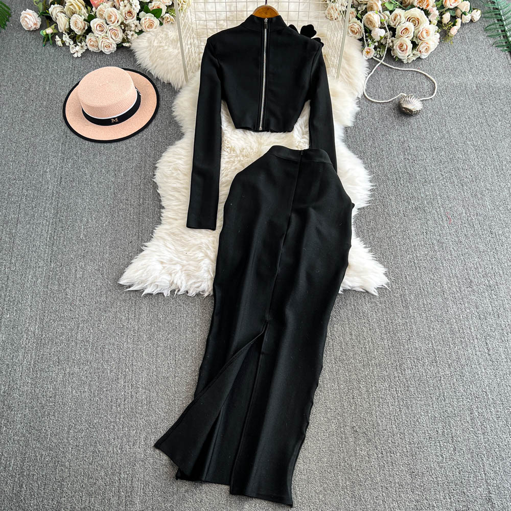 TWOTWINSTYLE Solid Spliced Dias Two Piece Set For Women O Neck Long Sleeve Top High Waist Slim Skirt Sets Female Kse517939