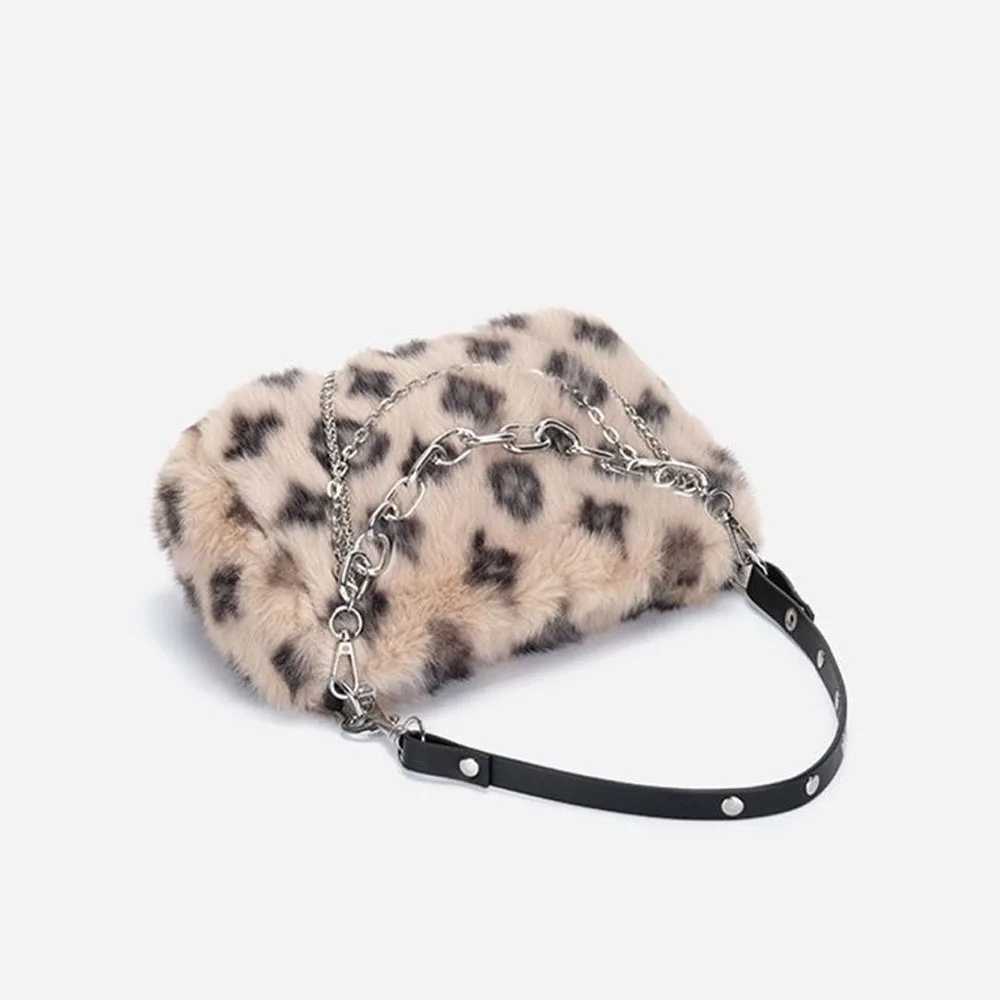 Wen Faux Fur Winter Fi Shoder Bag Leopard Print Cluh Purses Fluffy Plush Fem Handbags with Chain Strap Z241210