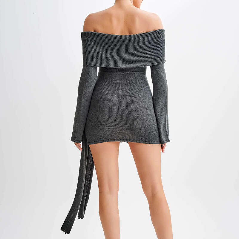 2024 New European and American Woolen Women's Sexy Off Shoulder Long Sleeve Strap Knitted Dress Short Skirt Women