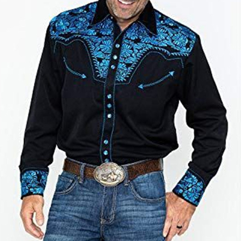 2024 new men's fashion embroidered shirt american western style pattern embroidered loose long sleeve shirt