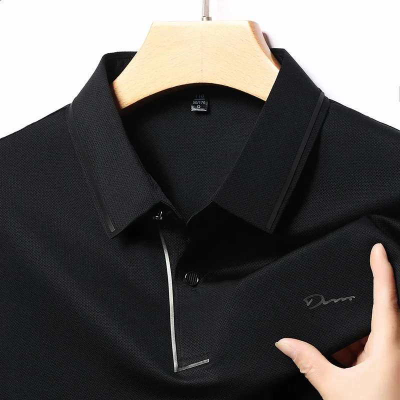 mens business casual long sleeved shirt with badge solid color polo fashionable breathable and comfortable lapel top y250321