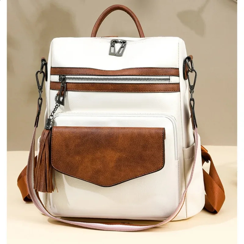 Backpack for Women Large Womens Leather Travel Fashion Purse Ladies Shoulder Bags with Tassel Twotoned Brown 241203