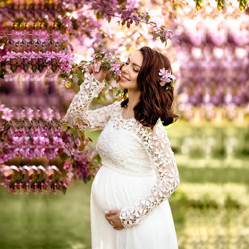 Lace hollow maternity dress po conversation elegant baby shower long sleeved 241210z