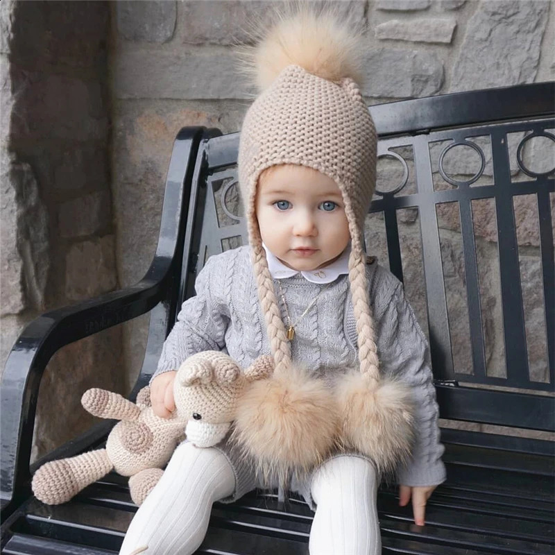 Knitted Baby Hat with Three Real Fur Pompom Children Beanie Boy Girl Natural Raccoon Fur Ball Kids Cap Cute Real Fur Pom Hat 241211
