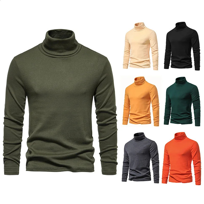 Mens Orange Turtleneck Sweater Autumn Winter Long Sleeve Slimming Basic Top Casual Warm Lightweight Underwear Puller 241205
