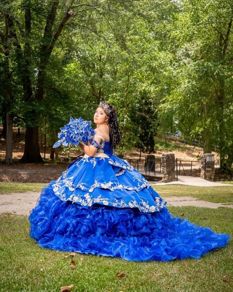 Blue Lace Appliqued Ball Gown Quinceanera Dresses Beaded Prom Gowns Off The Shoulder Necke Sixteen Sweet 15 Organza Masquerade Dress 0219