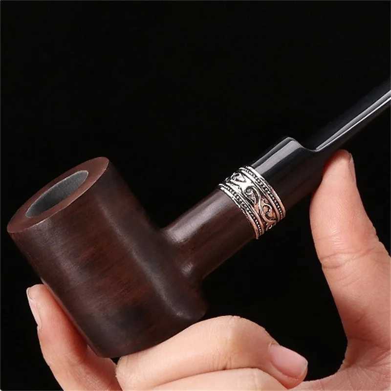 Ebony Wood 9mm Filter Flue Tobacco Pipe Retro Gentleman Bent Type Handle Handmade Smoking Pipe With Accessory Old Dads GiftXJ241211