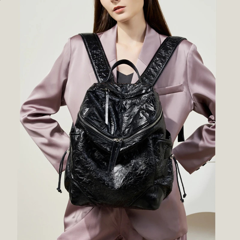 Burminsa Pleated Cowhide Genuine Leather Backpack For Women 2025 y ner College Girls School Bags Black Travel Bagpack 241227