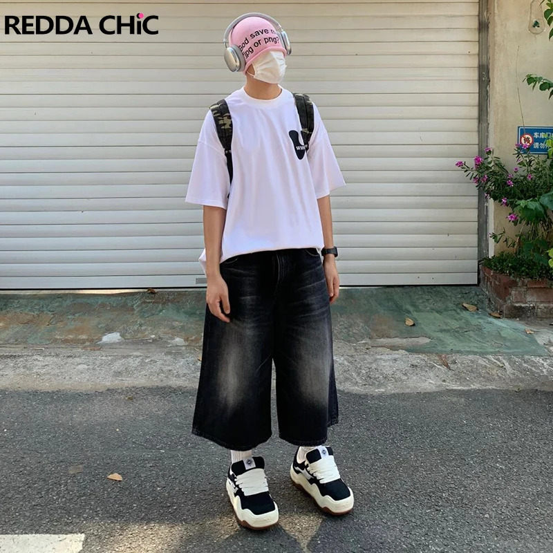 ReddaChic Low Waist Wide Leg Jorts for Men Baggy Jeans Cropped Loose Casual Denim Short Y2k Pants Harajuku Retro Hiphop Clothes 241211