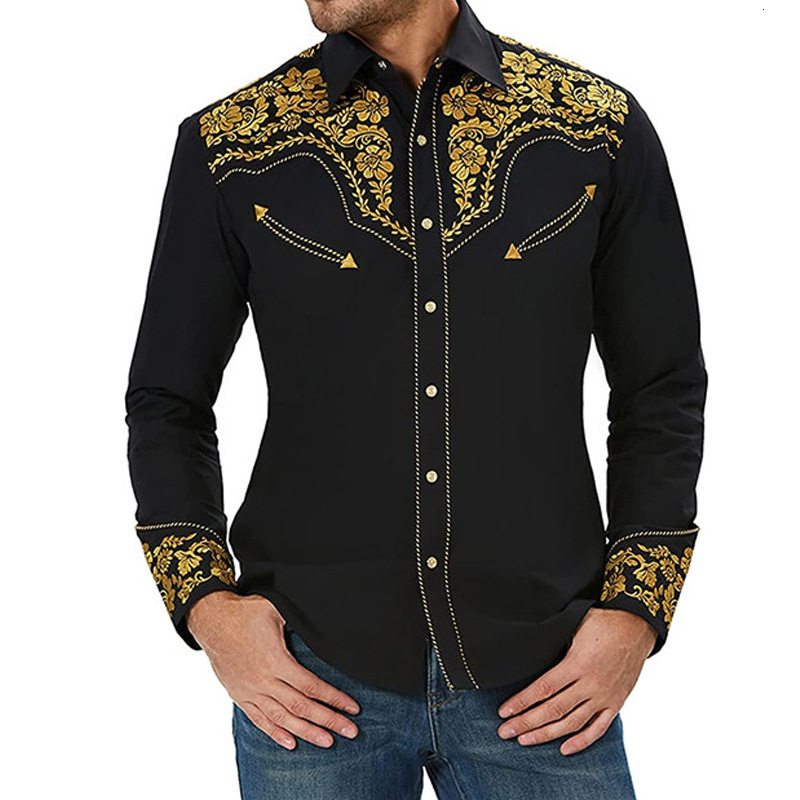 2024 new men's fashion embroidered shirt american western style pattern embroidered loose long sleeve shirt