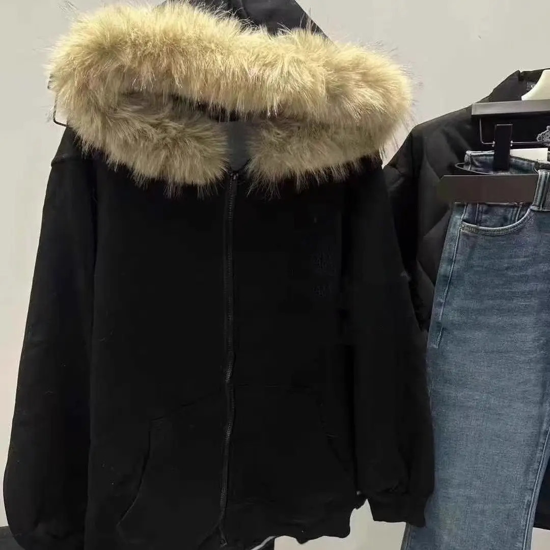 Y2K Fashion Simple and Generous Splicing Hooded Mao Collar Plus Velvet Zipper Sweater Coat Womens Loose Casual Couple 241211