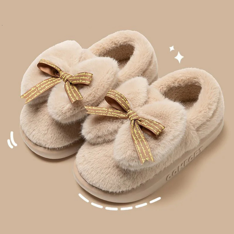 Bow Cloud Winter Womens Slippers Fluffy House Cotton Shoes EVA Indoor Slippers Living room warm soft Female Ladies Slippers 241211
