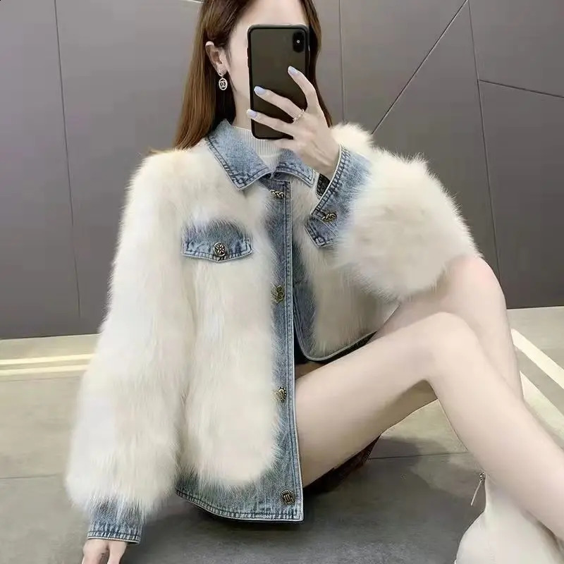 Fashionable womens synthetic mink denim patchwork jacket synthetic fox fur thick denim jacket soft padded open top wool bomber fluffy park top 241210