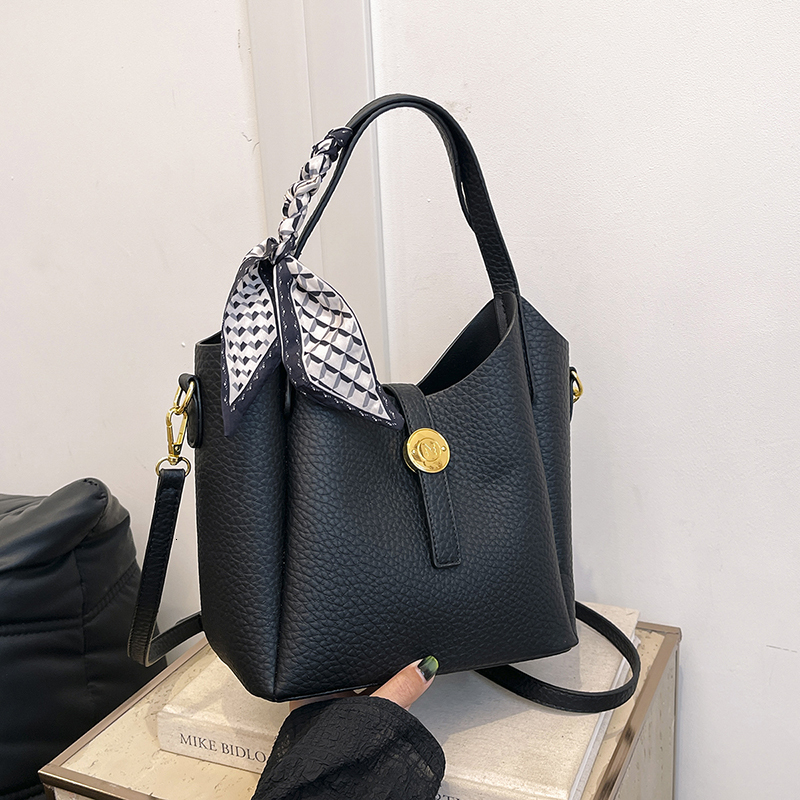 High-End Shoulder For Women's PU Leather Simple Bucket Bag Solid Color Versatile Tote Purse Adjustable Strap Satchel Handbag