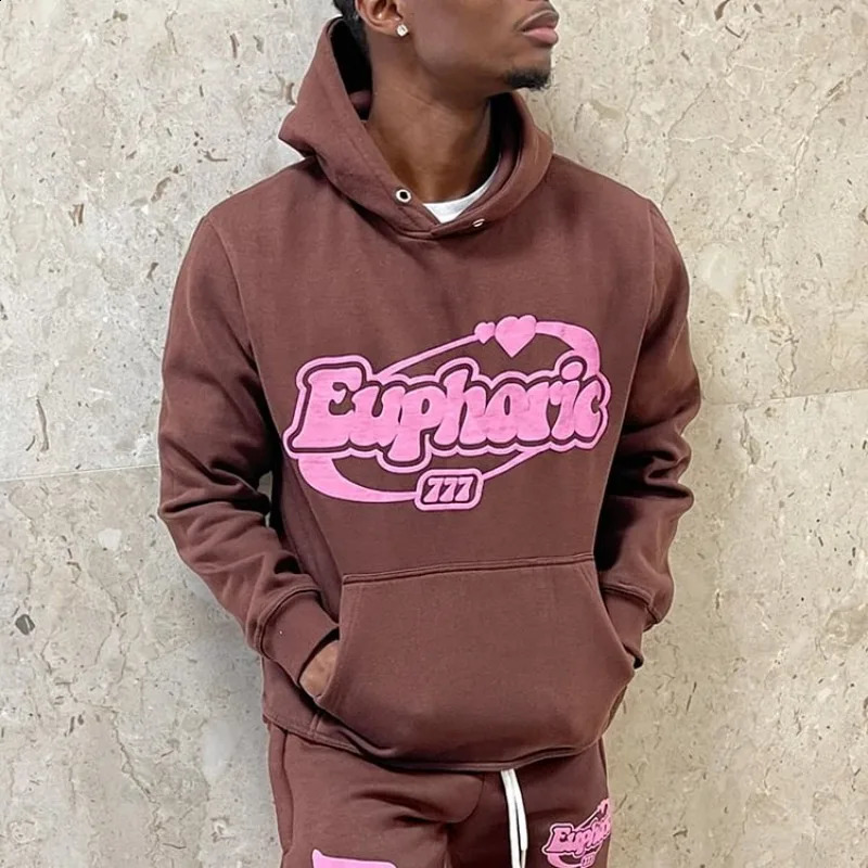 Euphoric Print Graphic Pullover Hoodie Men Y2K Autumn Winter Long Sleeves Vintage Oversize Sweatshirt Streetwear Women Tops 241210