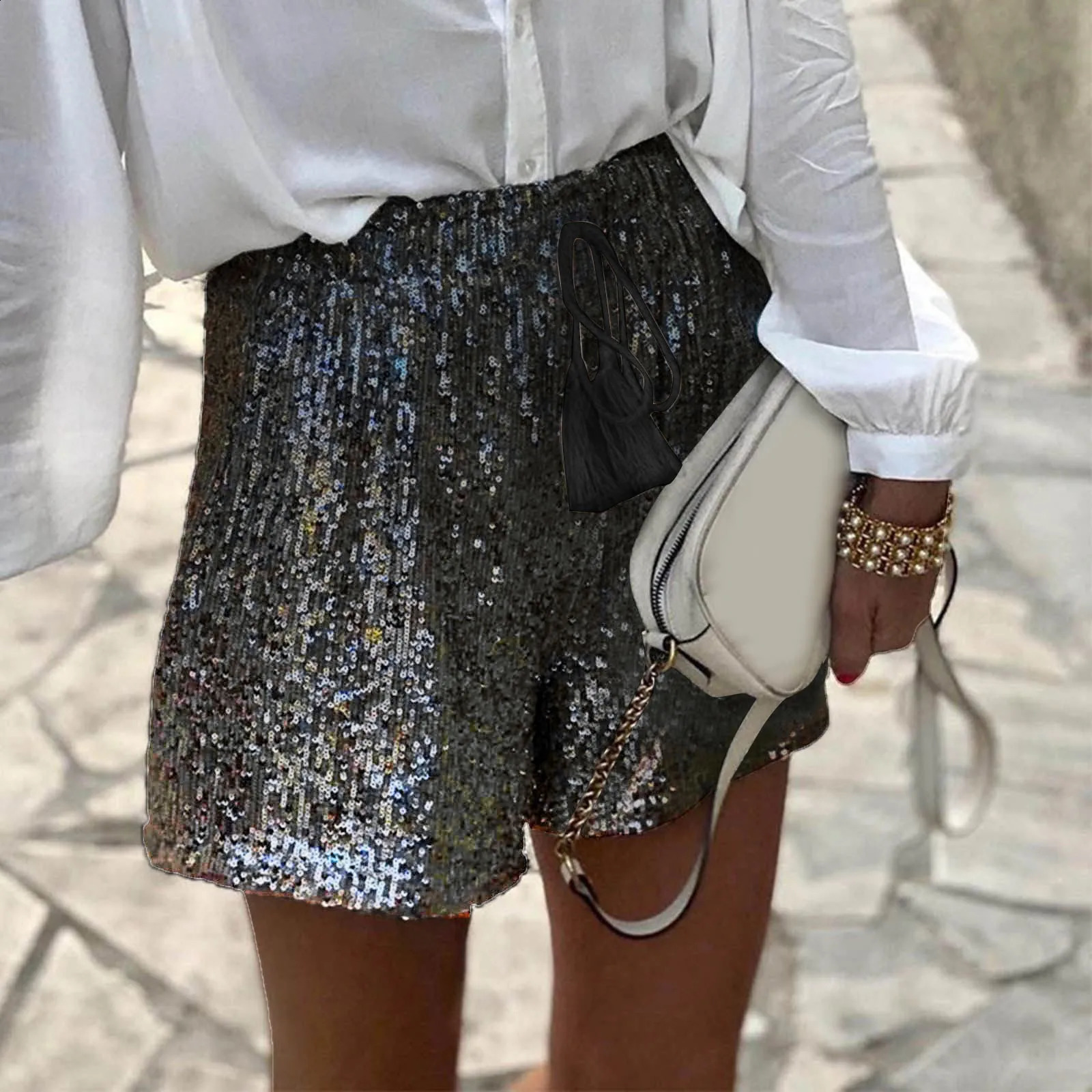 Women Sequin Shorts Summer High Waist Casual Loose A Line Women Short Pants Sparkly Clubwear Night Wear Female Shorts 241211