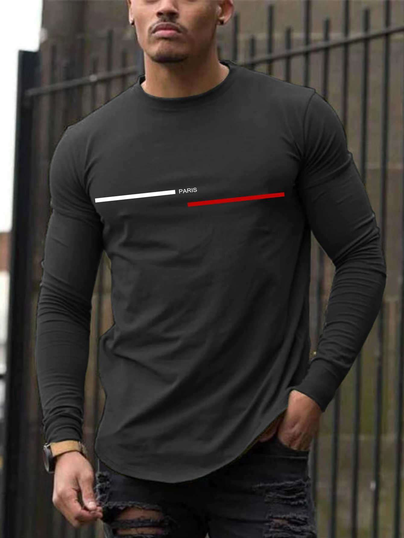 Trendy new long-sleeved t-shirt mens long-sleeved mens printed round neck T-shirt trend versatile casual tops mens T-shirt XJ250621