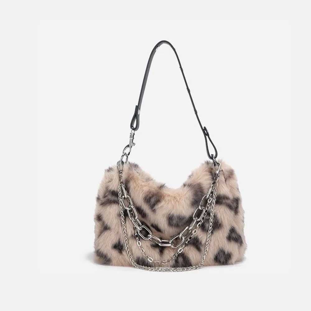 Wen Faux Fur Winter Fi Shoder Bag Leopard Print Cluh Purses Fluffy Plush Fem Handbags with Chain Strap Z241210