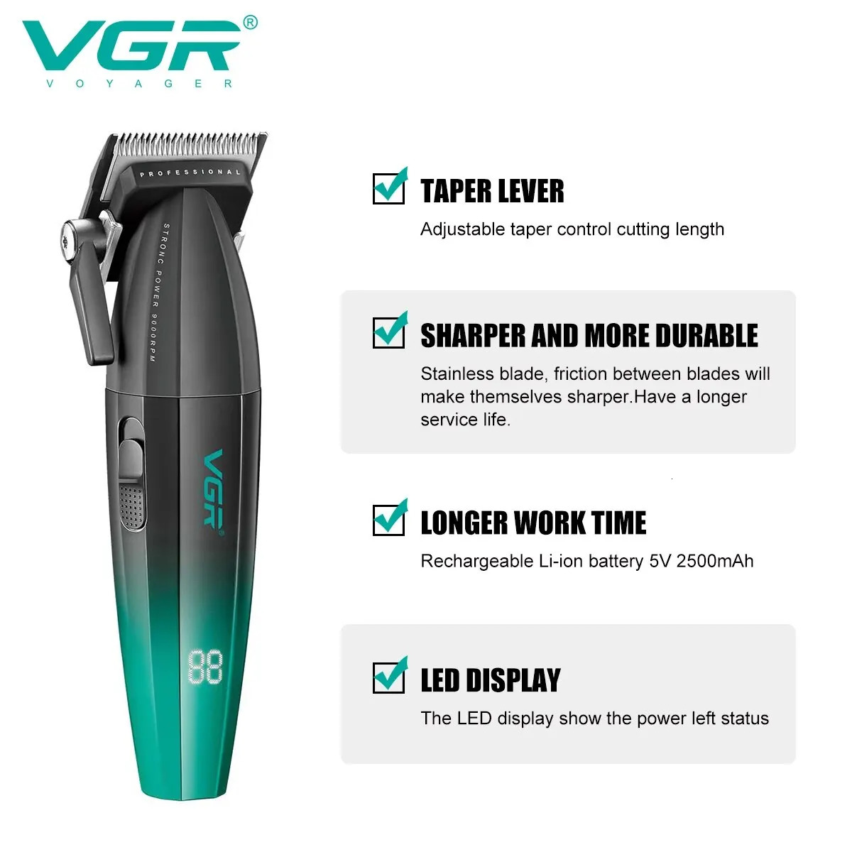 VGR Hair Clipper Cordless Hair Trimmer Professional Hair Cutting Machine Electric 9000 Rpm Haircut Clipper for Men V-003 V-906 241211