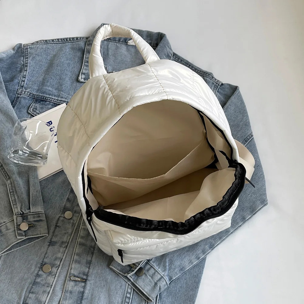 Solid Down Knapsack Large Capacity Quilted Backpack Teen Student Schoolbag Multipocket Rucksack Puffer Cotton Versatile Bookbag 241210