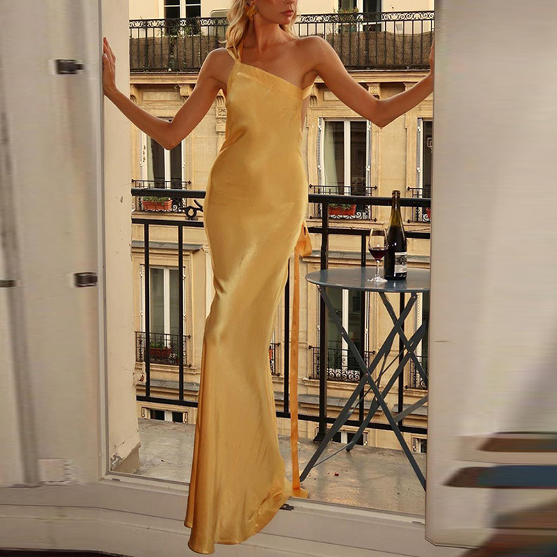 Spring Sexy Inced Shoulder Party Women High Waist Satin Boho Long Summer Backless Hollow Bandage Maxi Dress
