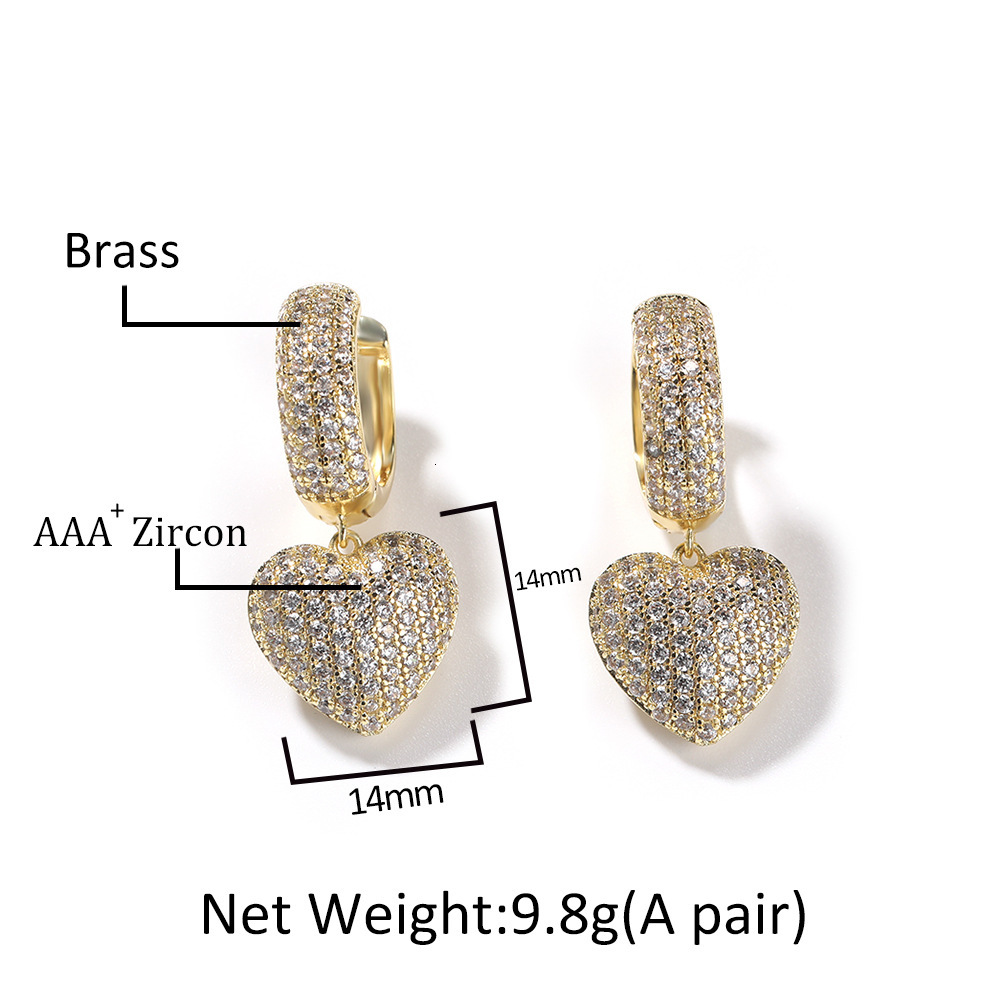 Hip Hop Cubic Zircon Heart Dangle Huggie Hoop Earrings For Men And Women Full Diamond Love Heart Dangle Ear Ring Bling 18k Rose Gold Cz Stones Pendien