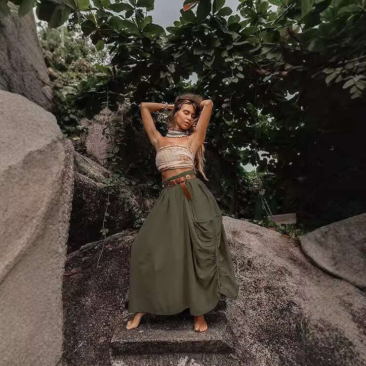 New European American Women's Casual Half With Drawstring And Large Pockets, Bohemian Loose Organic Cotton Long Skirt