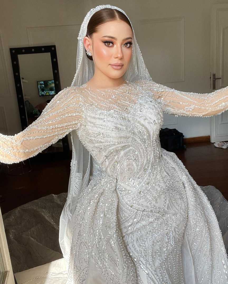 Mermaid Dresses For Women O Neck Long Sleeves Gown Sequins Appliques Sweep Train Customized Dress Party Vestido De Novia