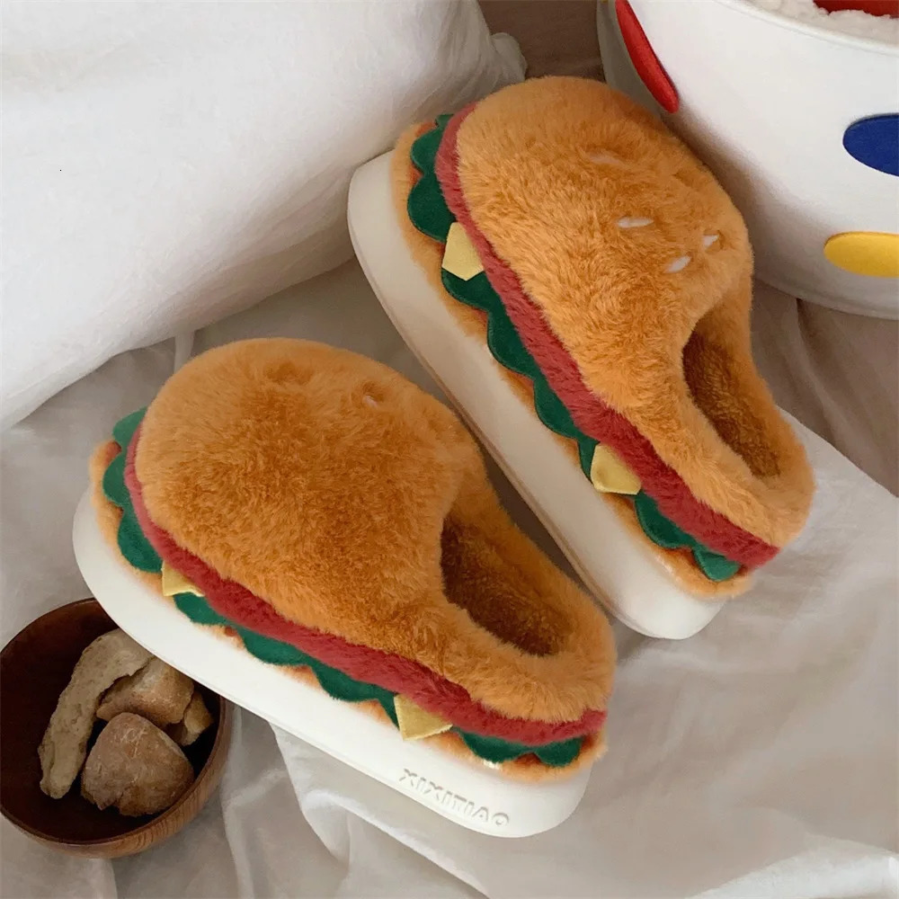 Women Winter Warm Slippers Cute Cartoon Hamburger Home Floor Platform Shoes Thick Sole Soft Plush Girls Indoor Fluffy Slipper 241211