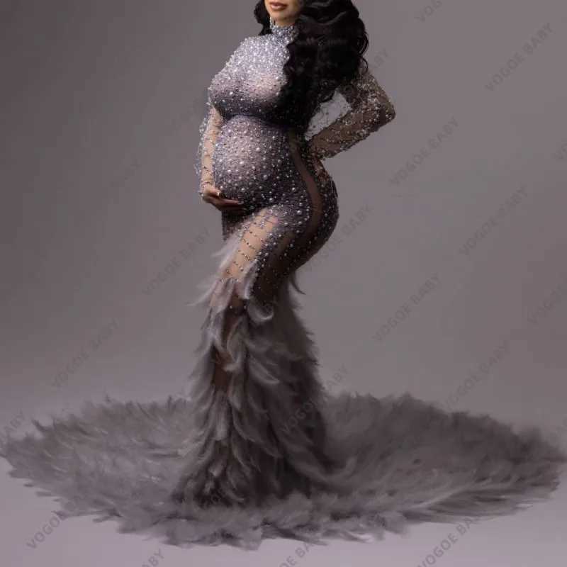 2 pieces of beaded maternity photography dress sparkling feather dress maternity swimsuit maternity swimsuit maternity wedding photo shoot W241211