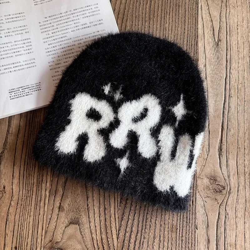 Y2K Letter Plush Knitted Hats Men Womens Autumn Winter Beanie Outdoor Riding Fashion Hats Wool Hip Hop Ear Warm Hat 241211