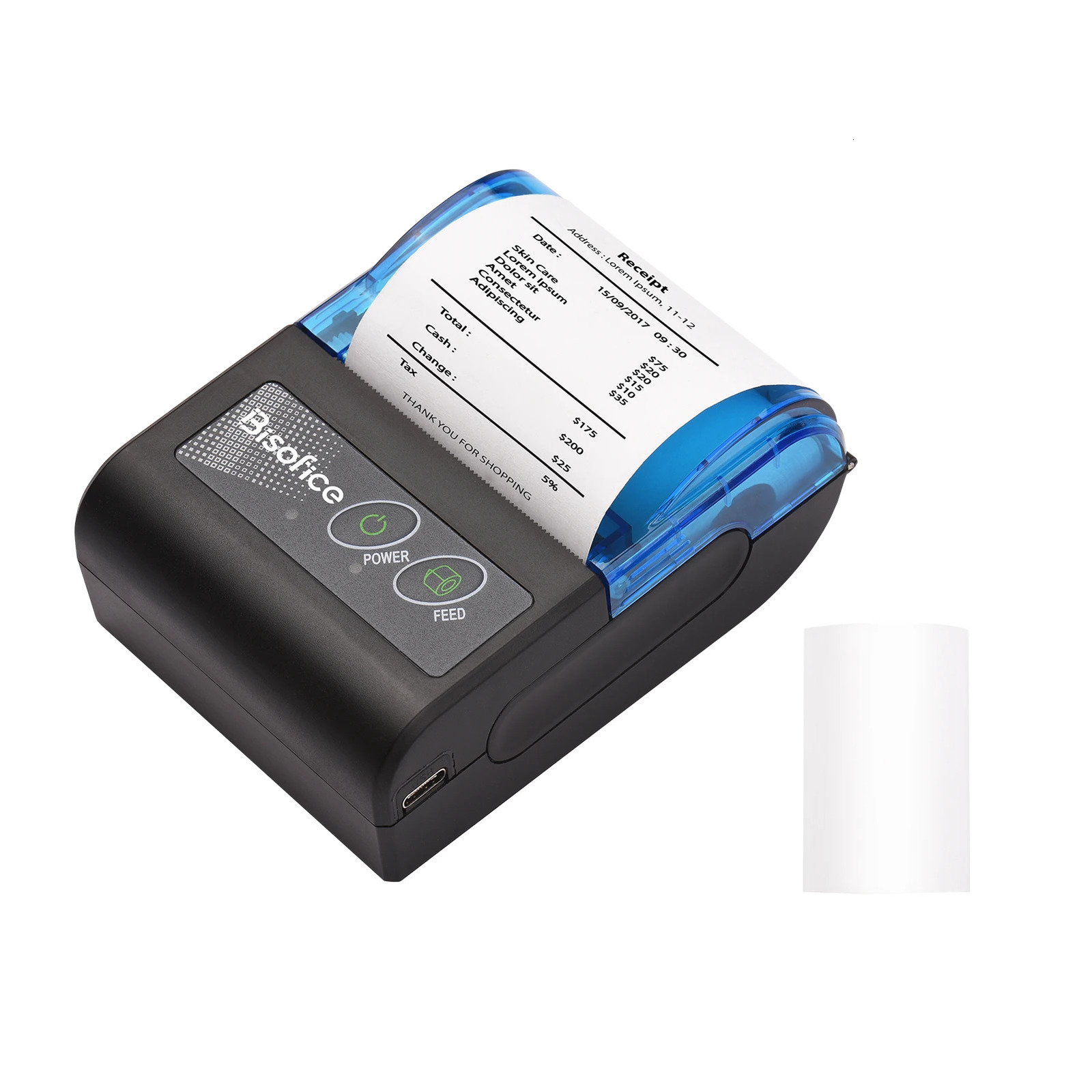 Bisofice portable mini thermal printer 2-inch wireless USB receipt and receipt printer with 58mm printing paper suitable for restaurants 241206