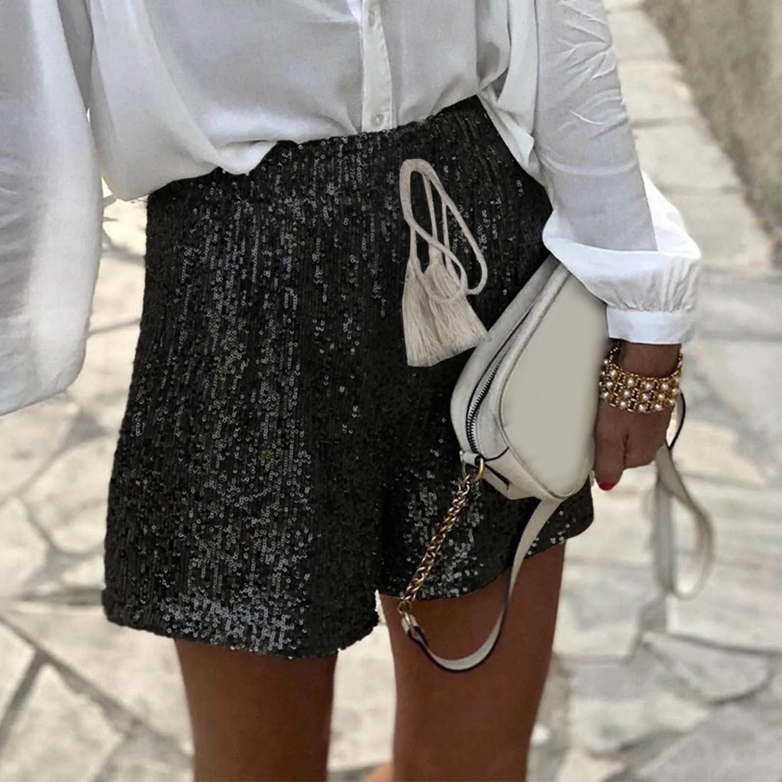 Women Sequin Shorts Summer High Waist Casual Loose A Line Women Short Pants Sparkly Clubwear Night Wear Female Shorts 241211