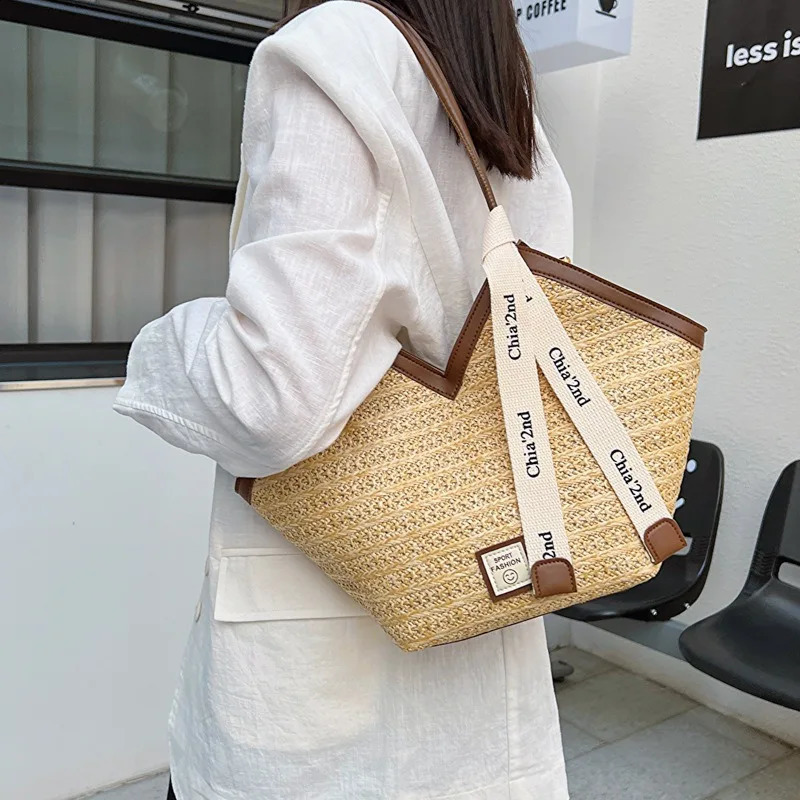 Summer grass beach large capacity high-end texture Versatile shoulder bag fashionable woven handbag 241205