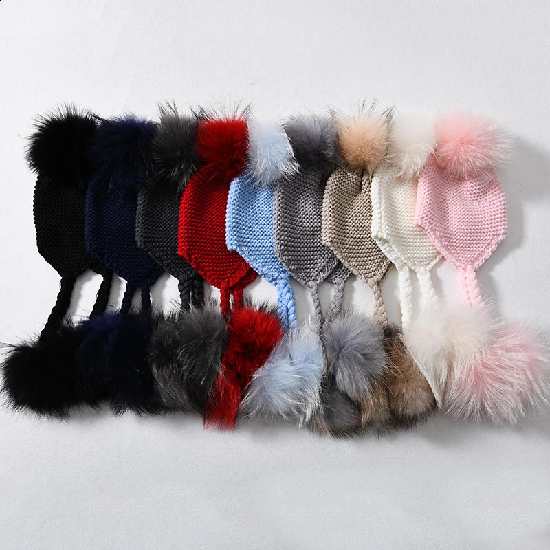 Knitted Baby Hat with Three Real Fur Pompom Children Beanie Boy Girl Natural Raccoon Fur Ball Kids Cap Cute Real Fur Pom Hat 241211