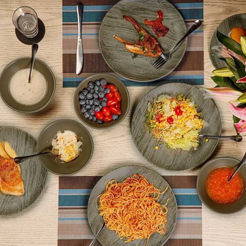 Dinnerware Sets Service for 6 Melamine Dinner Plates and Bowls Set 18-Piece Dishes Set (Red Black)XJ241209