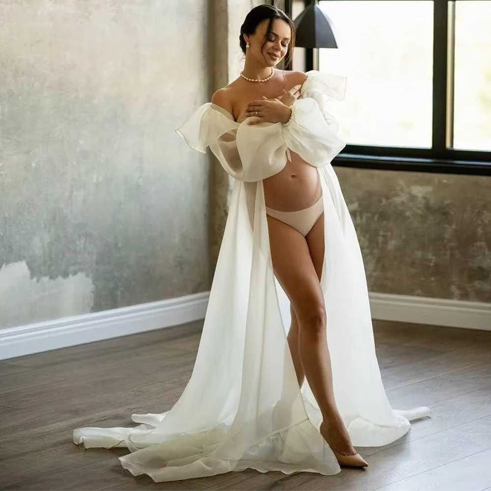 Pregnant womens photo shoot long chiffon dress with ruffled collar and lantern sleeves wearing a tie for baby showers W241211