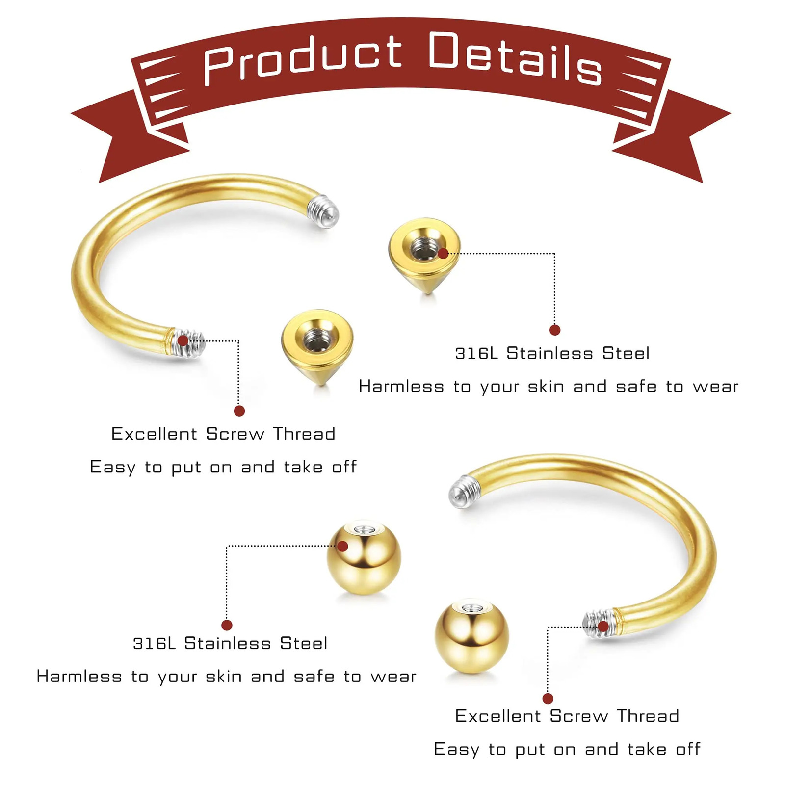 Drperfect 48Pcs 16G Stainless Steel Horseshoe Nose Septum Rings Piercing Jewelry Cartilage Helix Earring Lip Hoop for Women Men 241211